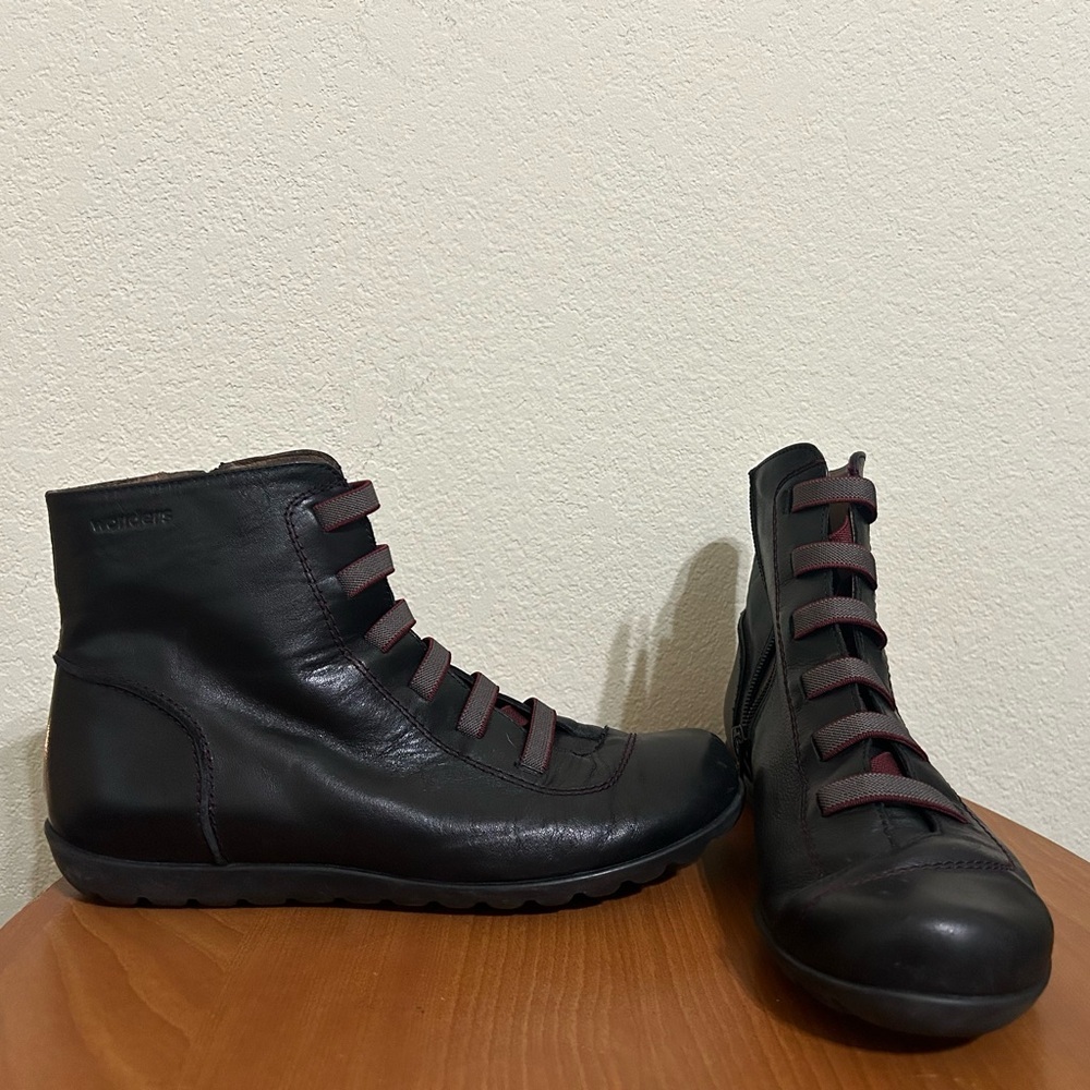 Wonders Women's A-6972 Black Leather Ankle Boots Size 37 7 Side Zip High Top